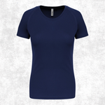 A women's short-sleeve crew-neck athletic t-shirt in navy blue, shown against a light gray textured background.