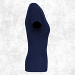 A navy blue short-sleeve t-shirt shown from the side on a light gray textured background.