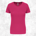 A bright pink short-sleeve crewneck athletic t-shirt displayed on a light gray textured background.