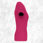 A bright pink short-sleeve t-shirt shown from the side on a light gray textured background.