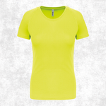 A women's short-sleeve athletic t-shirt in a bright neon yellow-green color, displayed against a textured light gray background.