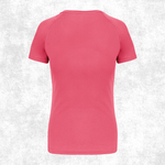 A women's short-sleeve crewneck t-shirt in a solid pink color, shown from the back against a textured light gray background.