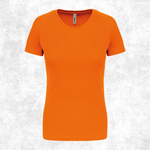 A bright orange short-sleeve crewneck t-shirt displayed on a light gray, textured background.