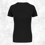 A black short-sleeve raglan t-shirt shown from the back, displayed on a light gray textured background.