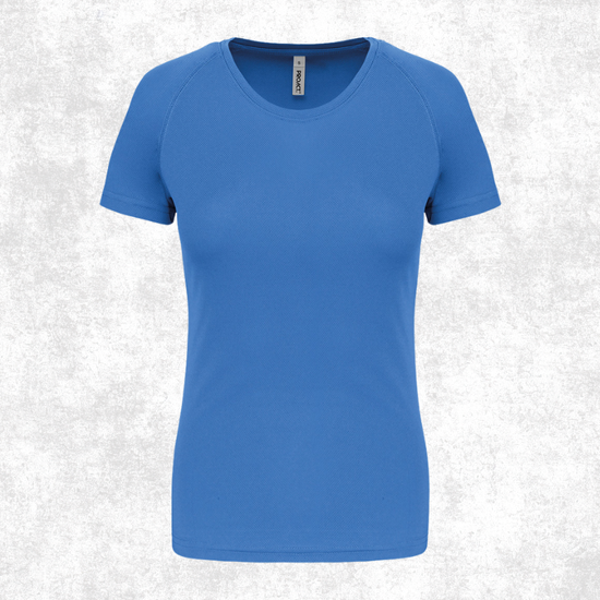 A women's short-sleeve crew-neck athletic t-shirt in a solid medium blue color, displayed on a textured light gray background.
