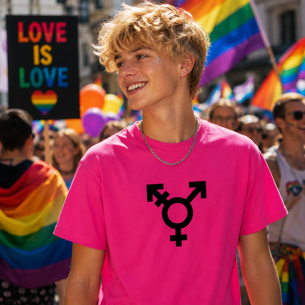 A smiling young person outdoors at a pride parade wearing a bright pink T-shirt with a large black transgender symbol on the chest. Rainbow flags, balloons, and a crowd are visible in the background, including a sign that reads “LOVE IS LOVE.