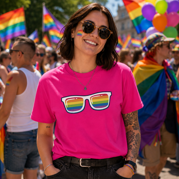 A woman at a pride parade wearing a bright pink t-shirt with a rainbow-striped sunglasses graphic on the front. She is smiling and wearing sunglasses, with other people and rainbow flags blurred in the background.