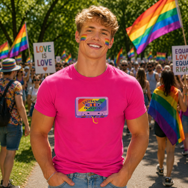 A smiling young man stands outdoors at a pride parade wearing a bright pink T-shirt with a retro cassette graphic that reads 'COSTUME D'OR'. The background shows other participants holding rainbow flags and signs.