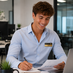 A smiling man in a light blue button-down shirt sits at a desk in an office, writing in a notebook and holding papers. He has a name tag on his shirt, and a laptop, plant, and office furniture are visible in the background.