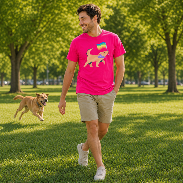 A man walking in a sunny park wearing a bright pink t-shirt with a graphic of a dog wearing a rainbow flag, paired with khaki shorts and white sneakers. A small dog is running happily in the background.