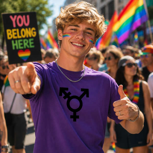A smiling young man at a pride parade wearing a purple t-shirt with a black transgender symbol on the chest. He is pointing forward and giving a thumbs-up, with rainbow flags and a crowd in the background, including a person holding a 'YOU BELONG HERE' sign.
