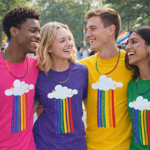Four smiling young adults standing outdoors wearing matching graphic T-shirts with a white cloud and rainbow print. The shirts are in bright pink, purple, yellow, and green, and the group is photographed in a sunny outdoor setting with trees and a blurred background.
