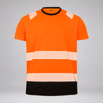 An orange high-visibility short-sleeve t-shirt with reflective diagonal-striped horizontal bands across the chest and waist, a black collar, and a black hem, shown on a neutral gray background.