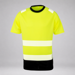 A high-visibility safety t-shirt in fluorescent yellow, featuring reflective white horizontal stripes across the chest and waist, a black crew neck, and black hem detailing, shown on a neutral gray background.