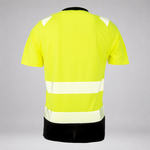 High-visibility yellow safety vest shown from the back, featuring two horizontal reflective stripes and shoulder reflective patches, displayed on a black mannequin torso against a light gray background.