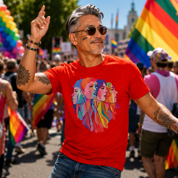 A man at a sunny outdoor pride parade wearing a bright red t-shirt with a colourful graphic of three faces in rainbow colours. He has grey hair, tattoos on both arms, and is wearing sunglasses, with rainbow flags and a crowd in the background.