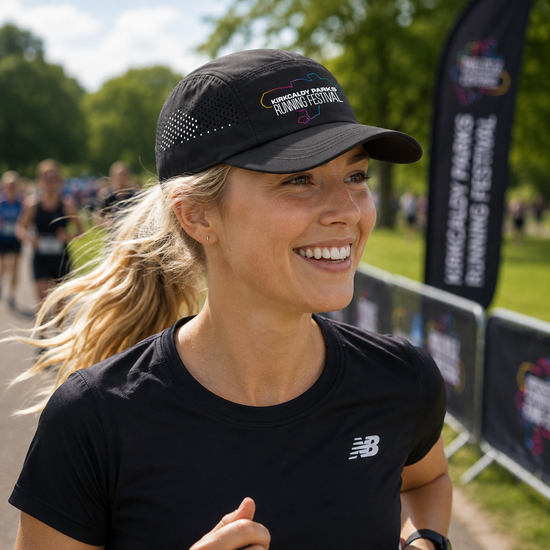 A smiling woman running outdoors wearing a black New Balance t-shirt and a black New Balance cap with 'Kirkcaldy Park Running Festival' printed on the front. A festival banner is visible in the background.