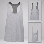 A light heather gray racerback tank top shown from the front, with two inset views on the right showing the back and side of the racerback design, on a light gray background.