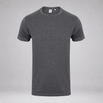 A dark gray short-sleeve crewneck t-shirt displayed on a ghost mannequin against a light gray background.