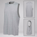 A light gray sleeveless muscle tank top shown from the front, with two smaller inset views on the right showing the back and side angles of the same garment.