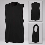 Black sleeveless muscle tank top shown from the front, back, and side on a light gray background.
