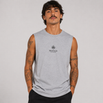 A man wearing a light gray sleeveless muscle t-shirt with a black 'IRON PALM' logo printed on the chest, set against a plain light gray background.