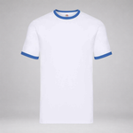 A white short-sleeve ringer t-shirt with blue ribbed trim on the crew neck and sleeve cuffs, displayed against a neutral gray background.