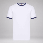 A white short-sleeve ringer t-shirt with dark navy blue ribbed trim on the crew neck and sleeve cuffs, displayed against a neutral gray background.