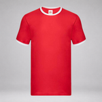 A red short-sleeve crewneck t-shirt with white ribbed trim on the collar and sleeve cuffs, displayed against a neutral gray background.