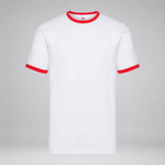 A white short-sleeve crewneck t-shirt with red trim on the collar and sleeve cuffs, displayed against a neutral gray background.