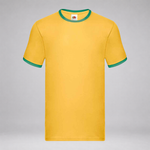 A yellow short-sleeve ringer t-shirt with green trim on the crew neck and sleeve cuffs, displayed against a neutral gray background.