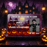 A Halloween-themed ID card mockup displayed in front of a spooky haunted castle at night, with jack-o'-lanterns around it. The card reads 'TRICK OR TREATING ID CARD' and includes a photo placeholder and text identifying 'James' as officially 'Edward Scissorhands'.