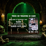 A Halloween-themed 'Trick or Treating ID Card' displayed in a spooky gothic setting. The card is dark green with white text, featuring cartoon skeleton cow characters and a placeholder photo of a baby dressed as a cow holding a sign that says 'EAT MORE CHIKIM'.