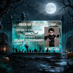 A Halloween-themed 'Trick or Treating ID Card' displayed in a spooky outdoor scene. The card features a teal and black gothic design with silhouettes of tombstones, a bat, and a photo of a creepy character with scissors.