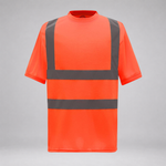 A bright orange short-sleeve high-visibility safety shirt with reflective dark gray stripes on the chest and waist, displayed against a neutral gray background.