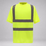 A high-visibility neon yellow short-sleeve t-shirt with reflective gray stripes on the chest and waist, displayed on a neutral gray background.