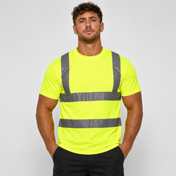 A man wearing a high-visibility neon yellow short-sleeve t-shirt with reflective gray horizontal and vertical stripes, paired with black pants, against a light gray studio background.