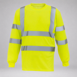 A high-visibility neon yellow long-sleeve work shirt with reflective silver stripes on the chest, shoulders, and arms, shown against a neutral gray background.