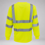 A high-visibility neon yellow long-sleeve work shirt shown from the back, featuring reflective silver-gray stripes across the shoulders, back, and sleeves, set against a neutral gray background.