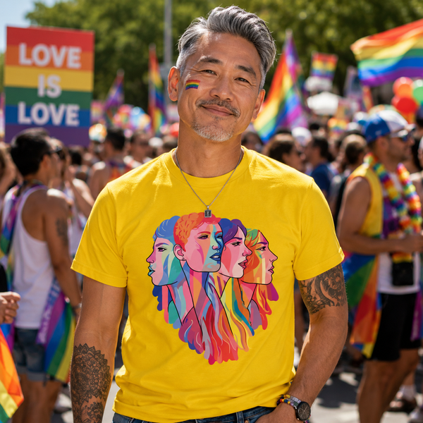 A man at a pride parade wearing a bright yellow t-shirt with a colourful graphic of three faces forming a heart. The background is filled with rainbow flags and a sign that reads 'LOVE IS LOVE'.