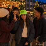 Four young adults smiling and high-fiving outdoors at night near a festive Christmas market. The central person wears a bright neon green Brat-branded cap, a dark gray jacket, and a cream shirt, while holding a skateboard.