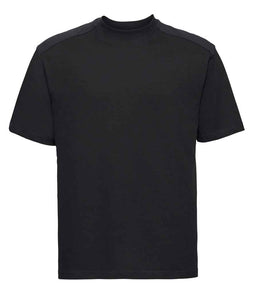 010M Front - Black short-sleeve t-shirt featuring a twin-needle coverseamed ribbed neck trim, self-fabric taped neck, double layer yoke and shoulder panels for durability, twin-needle armholes, and twin-needle sleeves and hem. Suitable for a 60°C domestic wash