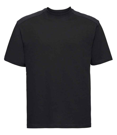 010M Front - Black short-sleeve t-shirt featuring a twin-needle coverseamed ribbed neck trim, self-fabric taped neck, double layer yoke and shoulder panels for durability, twin-needle armholes, and twin-needle sleeves and hem. Suitable for a 60°C domestic wash