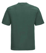 010M Bottle Green Back - short-sleeve t-shirt featuring a twin-needle coverseamed ribbed neck trim, self-fabric taped neck, double layer yoke and shoulder panels for durability, twin-needle armholes, and twin-needle sleeves and hem. Suitable for a 60°C domestic wash