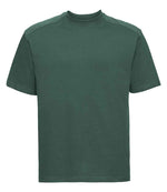 010M Bottle Green Front - short-sleeve t-shirt featuring a twin-needle coverseamed ribbed neck trim, self-fabric taped neck, double layer yoke and shoulder panels for durability, twin-needle armholes, and twin-needle sleeves and hem. Suitable for a 60°C domestic wash