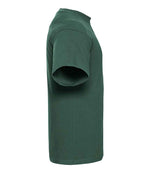 010M Bottle Green Left - short-sleeve t-shirt featuring a twin-needle coverseamed ribbed neck trim, self-fabric taped neck, double layer yoke and shoulder panels for durability, twin-needle armholes, and twin-needle sleeves and hem. Suitable for a 60°C domestic wash