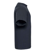 010M French Navy Left - short-sleeve t-shirt featuring a twin-needle coverseamed ribbed neck trim, self-fabric taped neck, double layer yoke and shoulder panels for durability, twin-needle armholes, and twin-needle sleeves and hem. Suitable for a 60°C domestic wash
