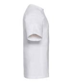 010M White Left - short-sleeve t-shirt featuring a twin-needle coverseamed ribbed neck trim, self-fabric taped neck, double layer yoke and shoulder panels for durability, twin-needle armholes, and twin-needle sleeves and hem. Suitable for a 60°C domestic wash
