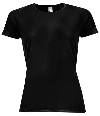 01159 Black Front - Black short-sleeve Ladies fit t-shirt that runs small compared to some other brands, with textured breathable fabric, self-fabric bound collar, raglan sleeves, twin needle sleeves and hem, and a curved back hem. Suitable for sublimation printing. Please check sizing before decoration