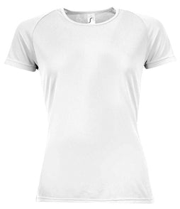 01159 White Front - Black short-sleeve Ladies fit t-shirt that runs small compared to some other brands, with textured breathable fabric, self-fabric bound collar, raglan sleeves, twin needle sleeves and hem, and a curved back hem. Suitable for sublimation printing. Please check sizing before decoration